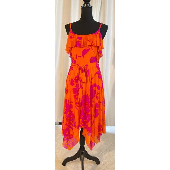 Express Ruffle Top Handkerchief Spaghetti Strap Dress Size M Orange Pink - Picture 1 of 4